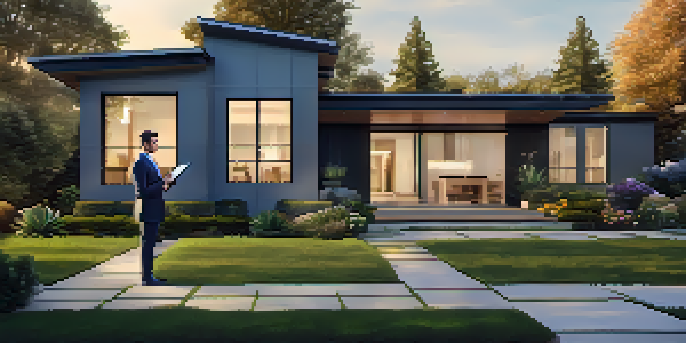 A real estate agent in professional attire in front of a modern home, holding a tablet with market information, under warm golden hour light.