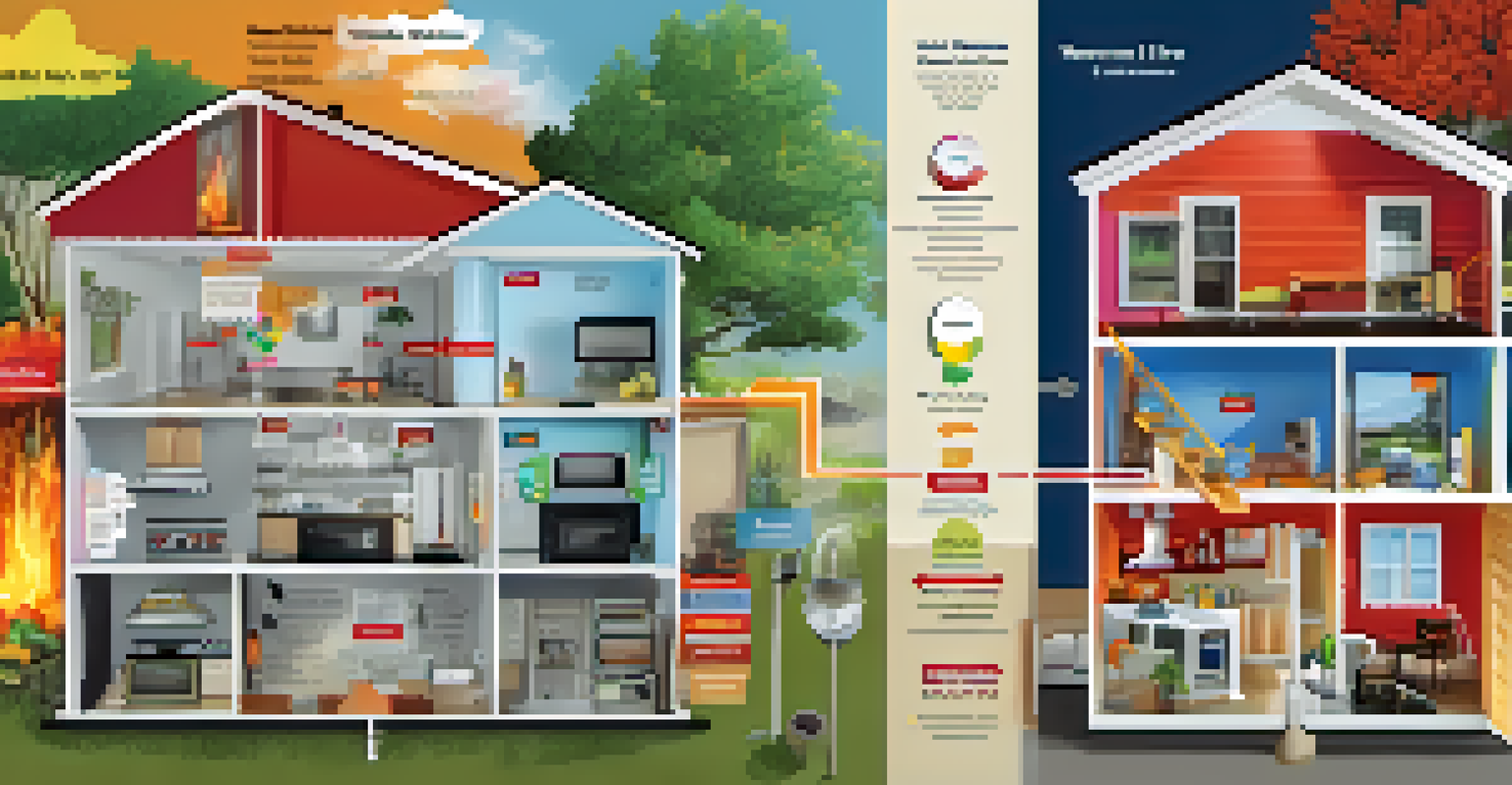 A comparison chart of home warranty and home insurance, with illustrations of appliances on one side and disaster images on the other.