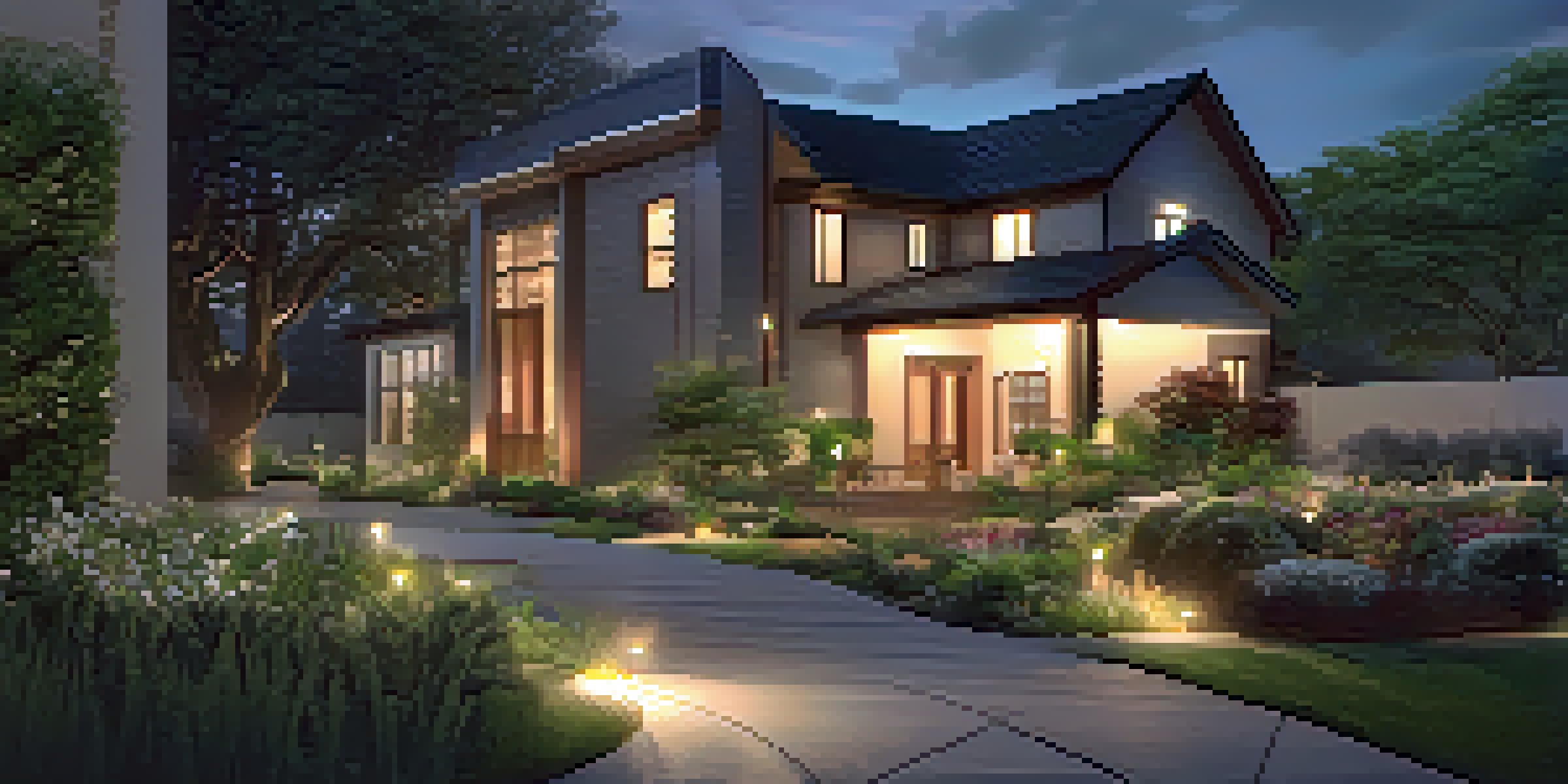 A modern home with motion-sensor lights illuminating the pathway and surrounding area at dusk.