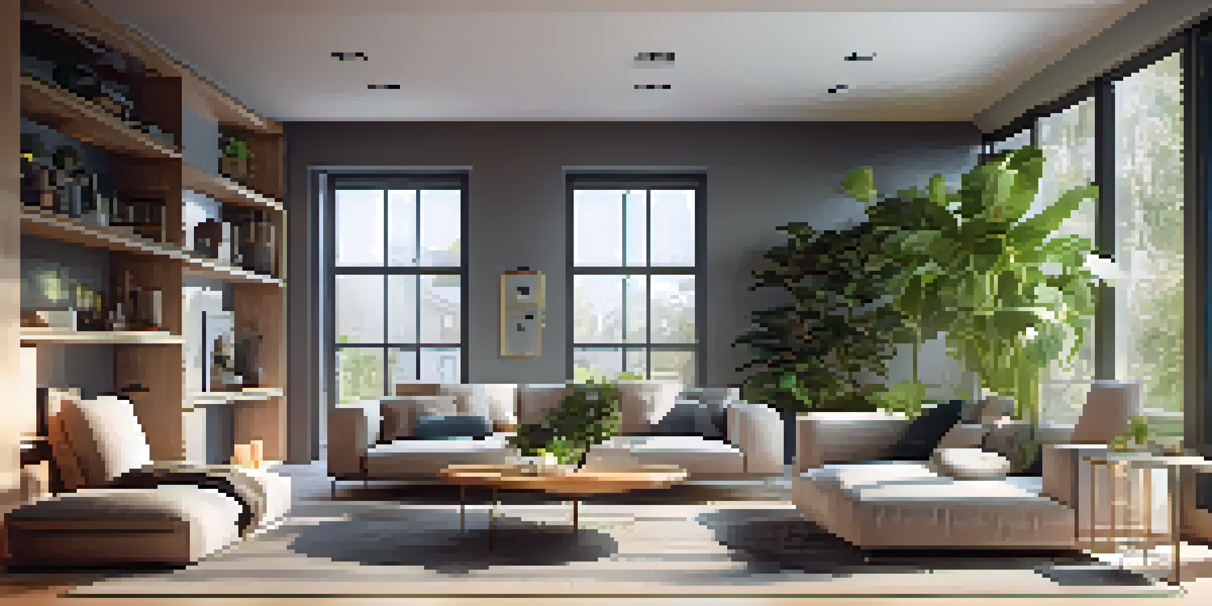 A bright living room with smart home devices including a thermostat and speakers, warm lighting, and a cozy sofa.