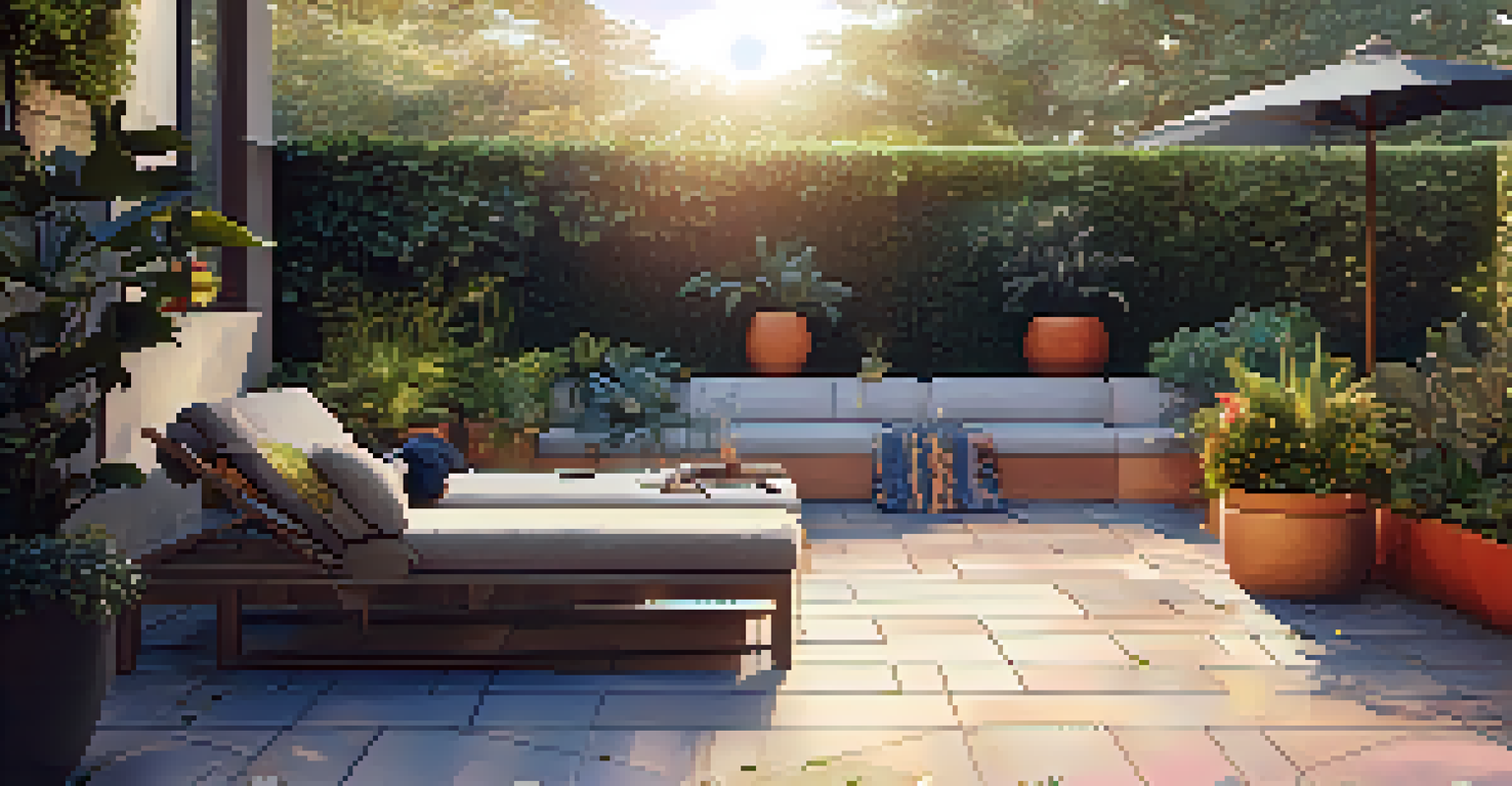 An outdoor patio with a worker laying tiles, surrounded by greenery and modern furniture, bathed in golden sunset light.