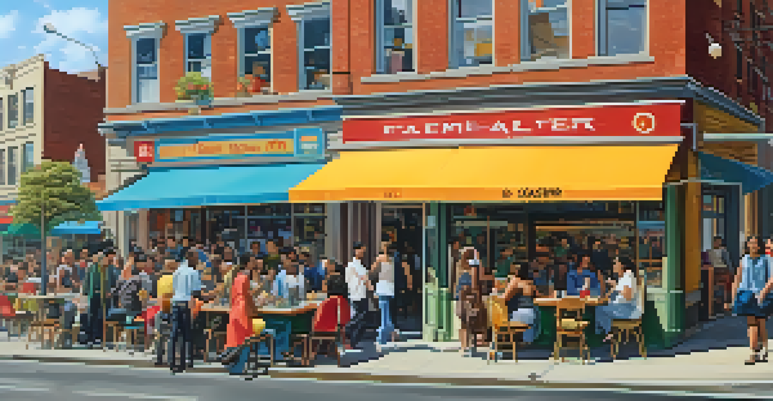 A vibrant urban neighborhood with cafes, shops, and people in a lively street setting.