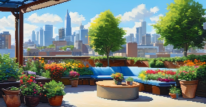 A lively rooftop garden with diverse plants, flowers, and seating, set against an urban skyline on a sunny day.