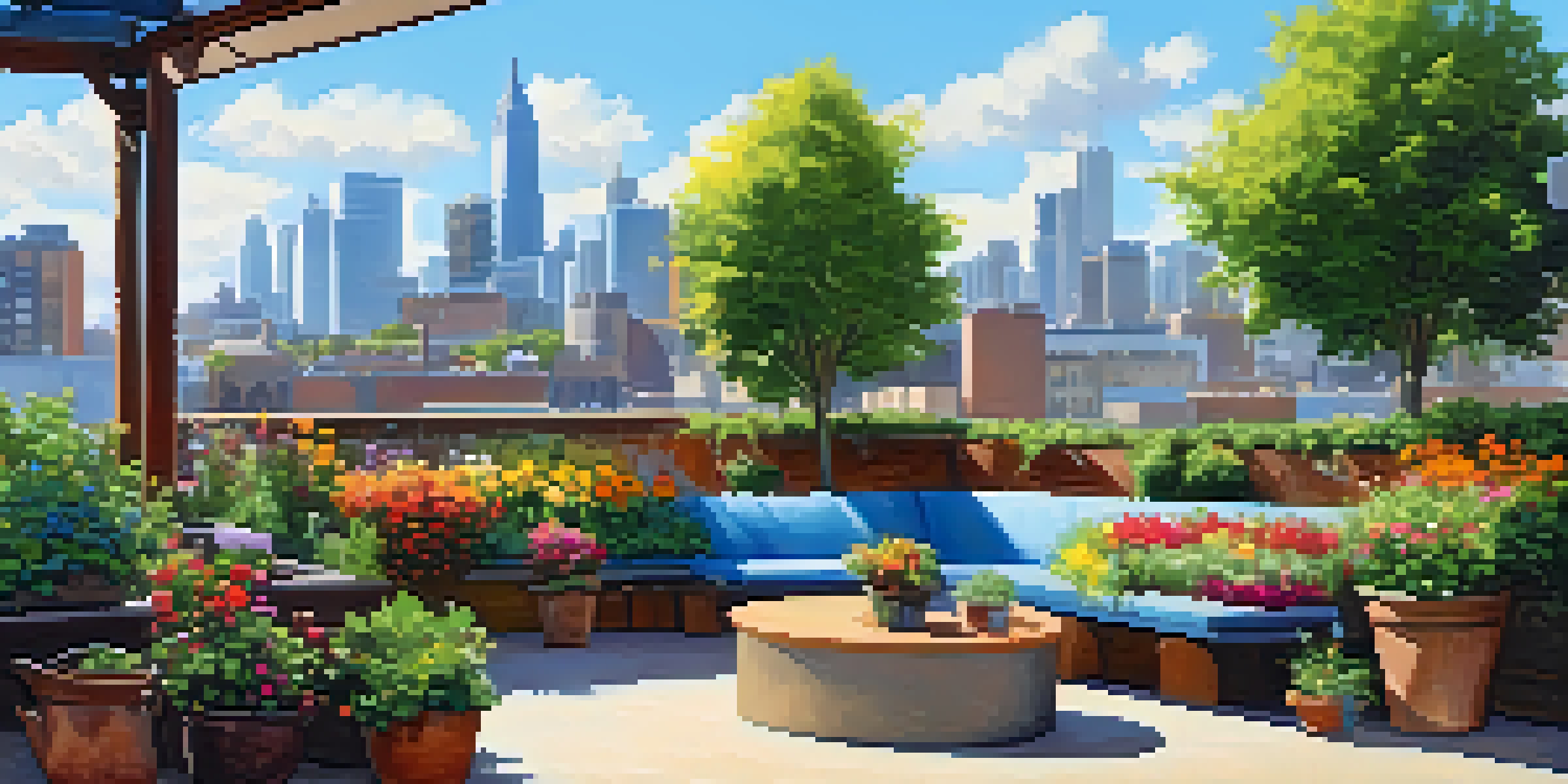 A lively rooftop garden with diverse plants, flowers, and seating, set against an urban skyline on a sunny day.