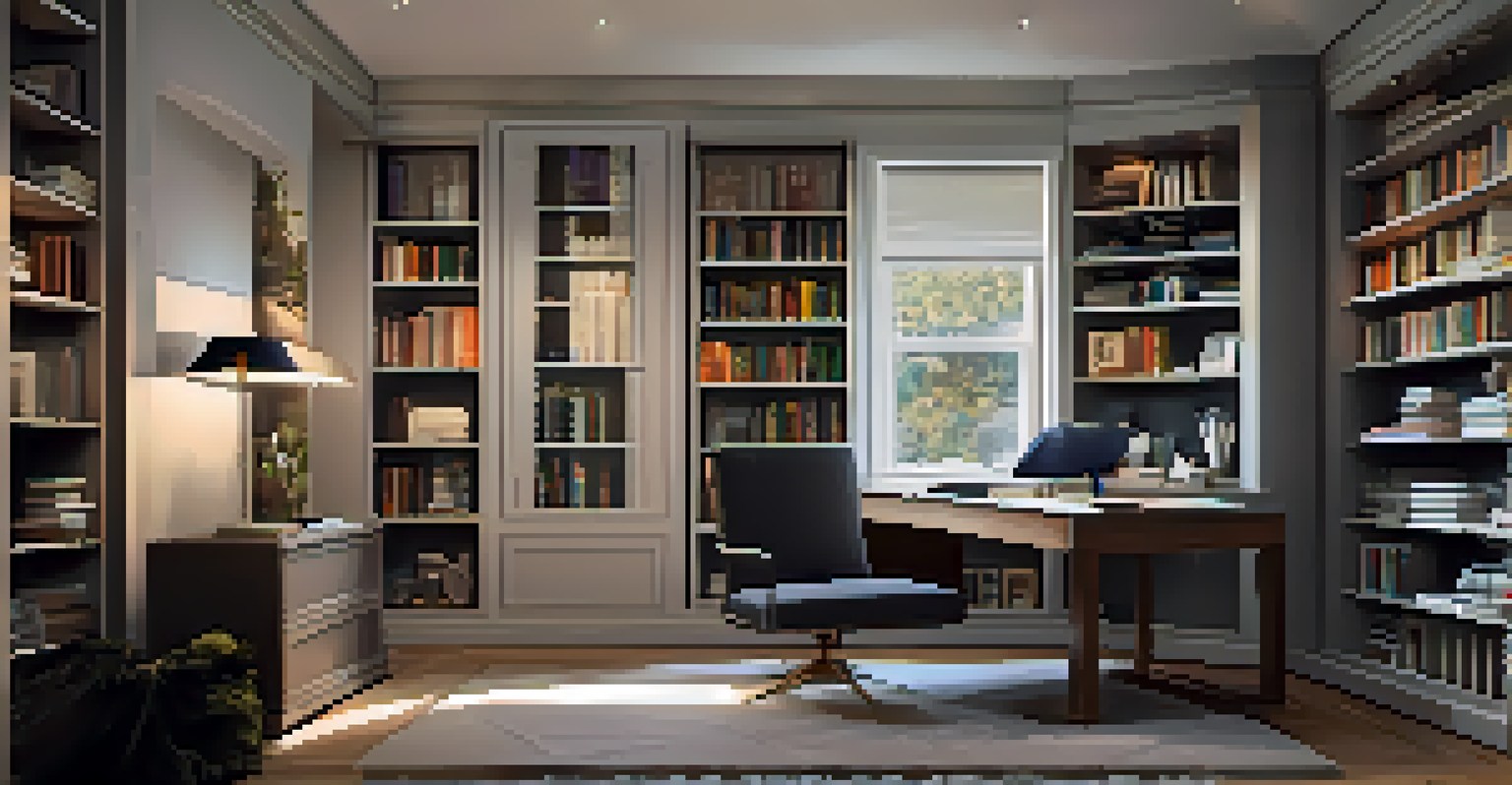 A modern home office in a spare bedroom with a sleek desk, ergonomic chair, and built-in shelving, creating a cozy atmosphere.