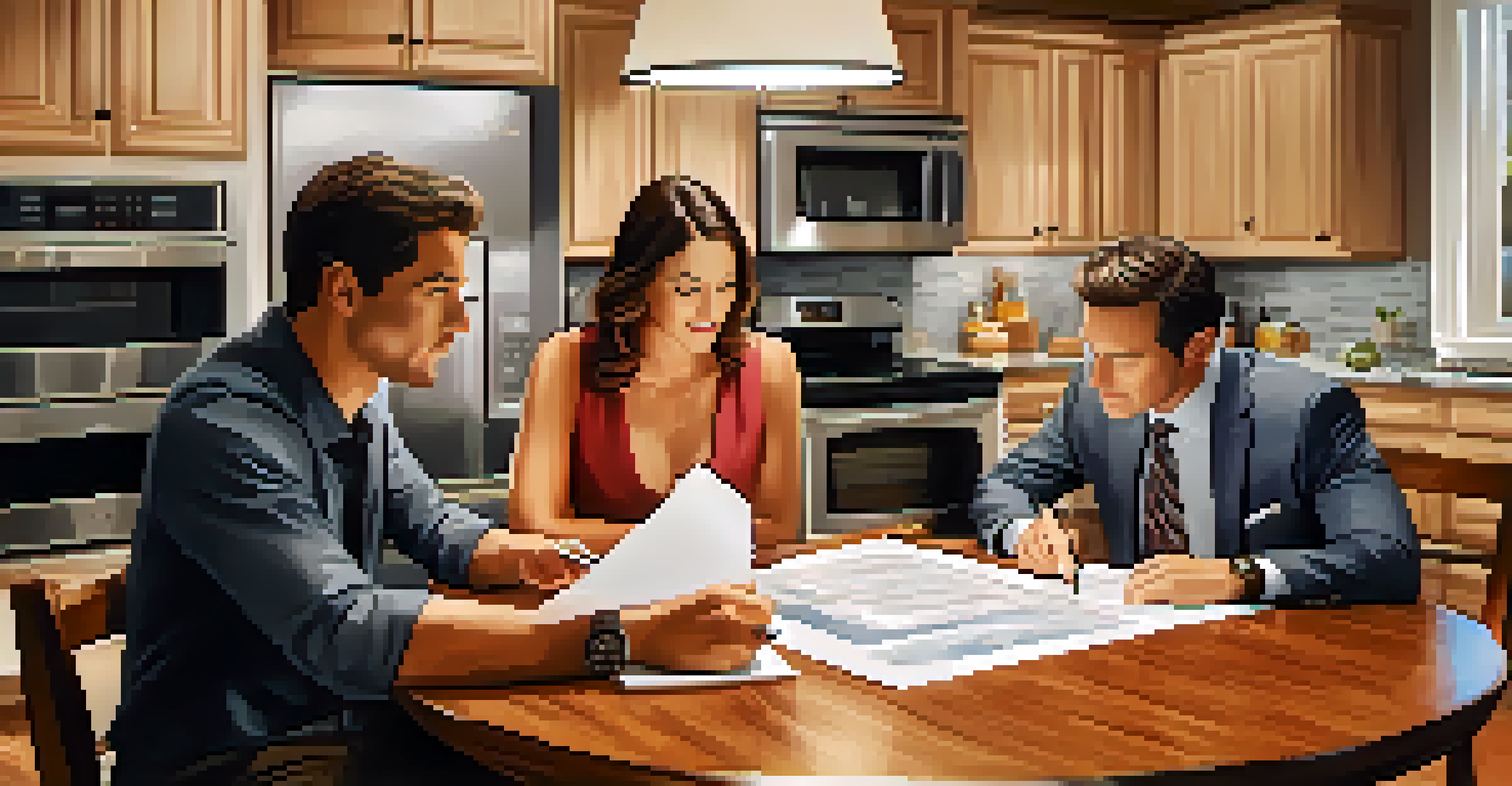 A real estate agent explaining a home inspection report to a couple at a kitchen table.