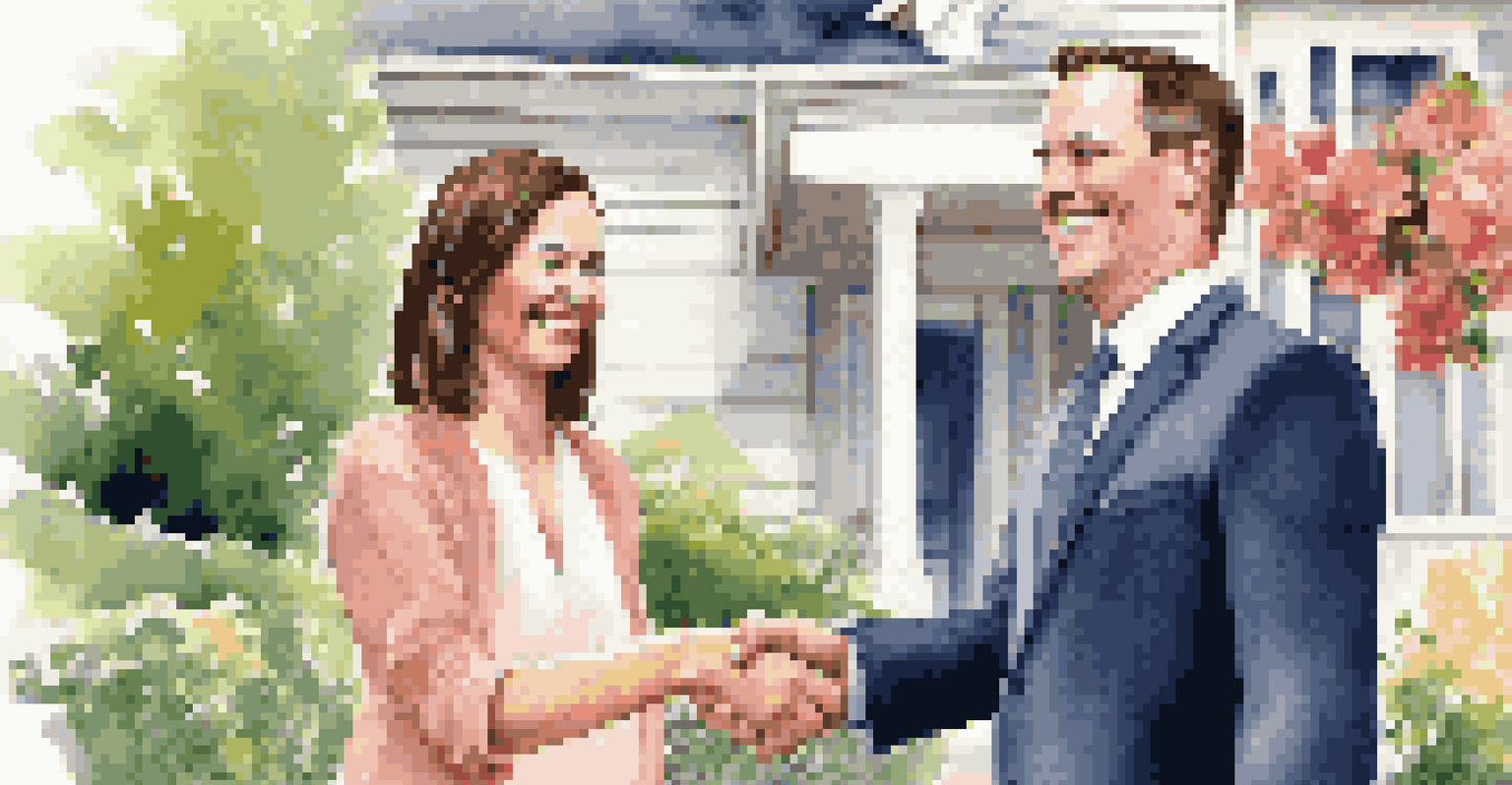 A real estate agent shaking hands with a happy couple in front of their new home, with the couple holding keys and a pleasant house in the background.