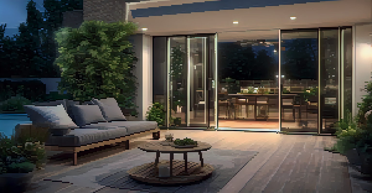 An outdoor patio featuring automated lighting and a smart security camera, creating a serene evening atmosphere surrounded by nature.