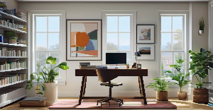 A modern home office with a desk, chair, laptop, and decorative elements, illuminated by natural light from a window.