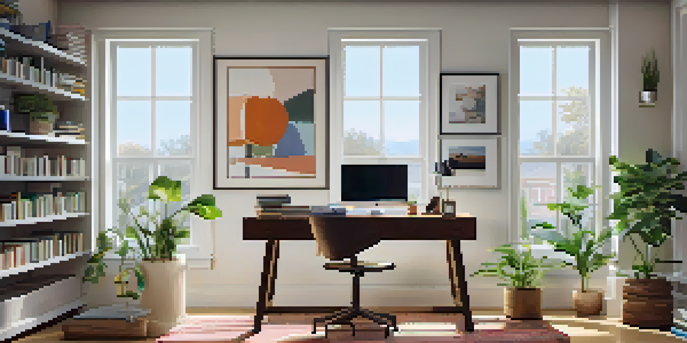A modern home office with a desk, chair, laptop, and decorative elements, illuminated by natural light from a window.