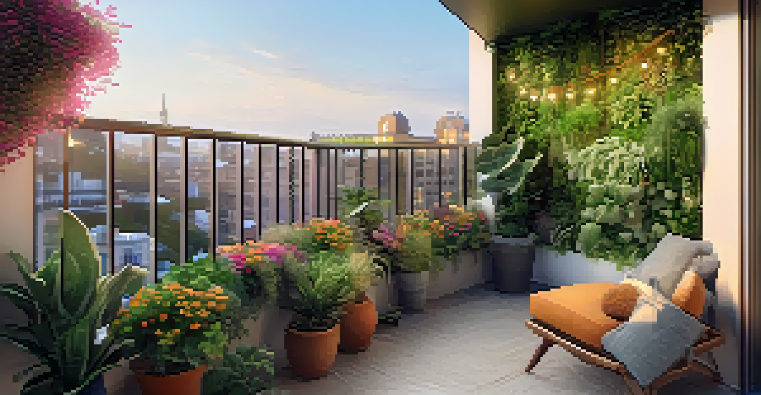 A balcony with a modular vertical living wall filled with herbs and flowers, paired with a cozy seating area, illuminated by golden hour light.