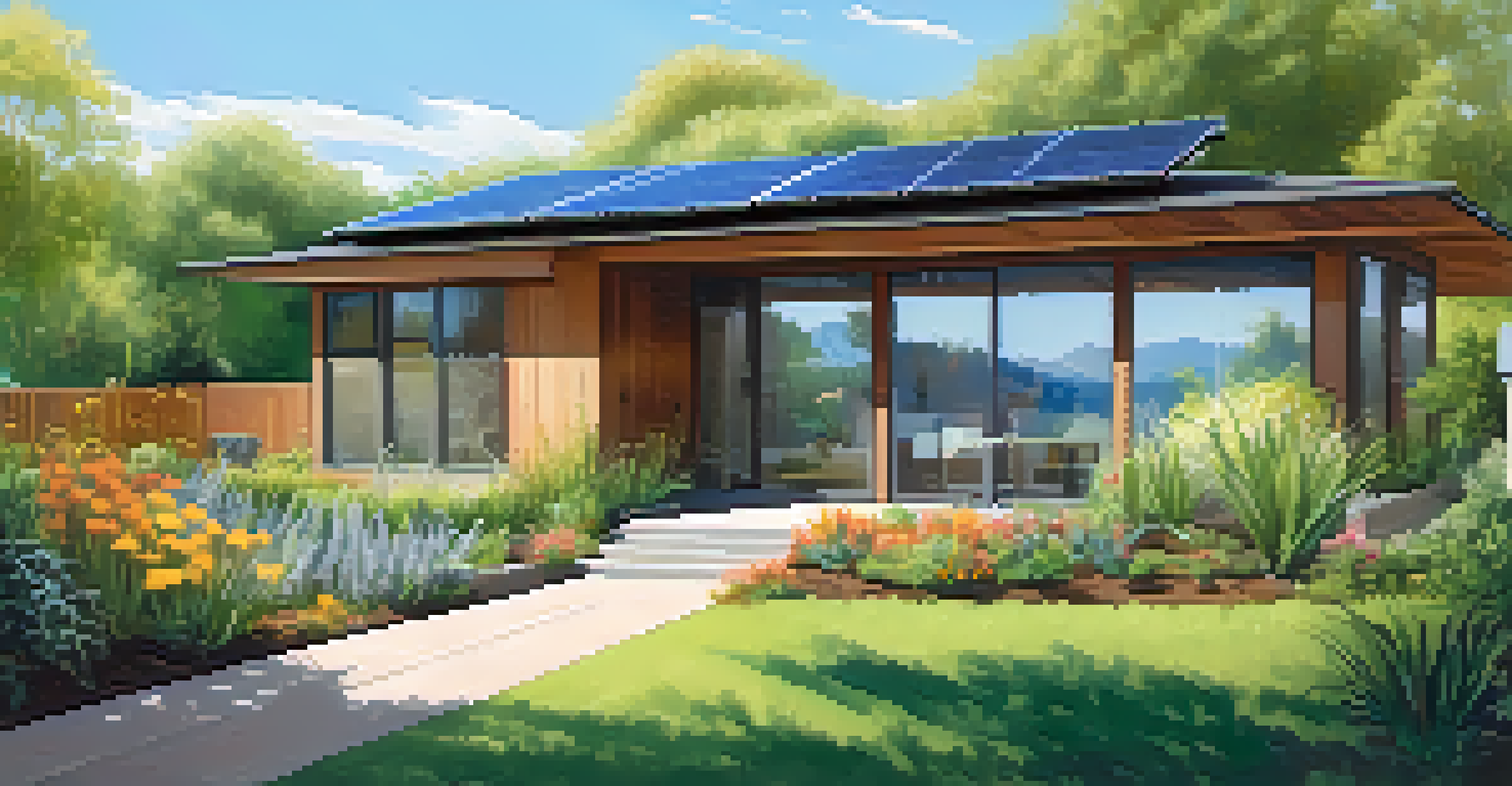 A sustainable home with solar panels, a rainwater harvesting system, and a vibrant garden filled with native plants.