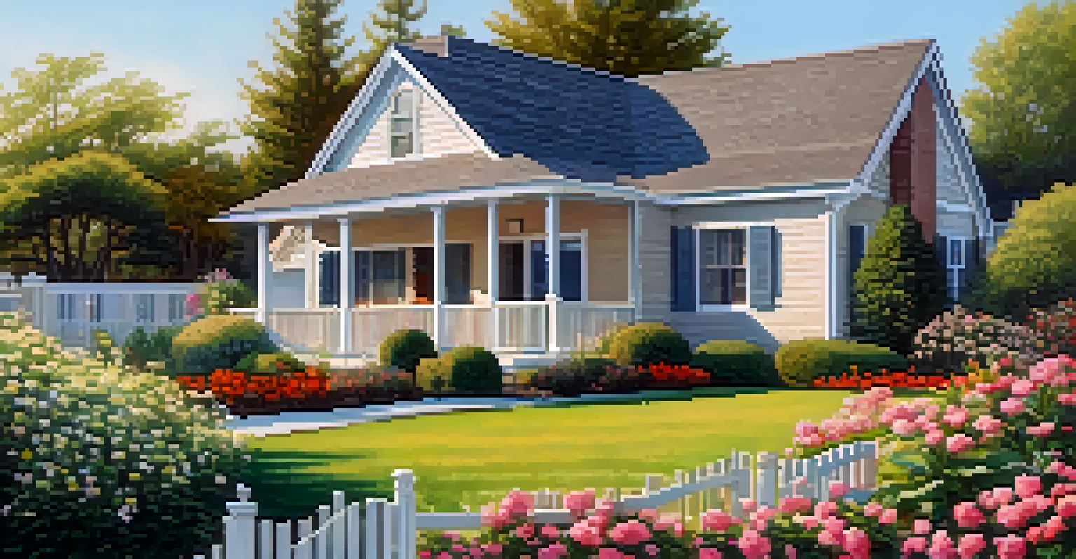 A beautiful suburban home with a garden, surrounded by flowers and a blue sky.