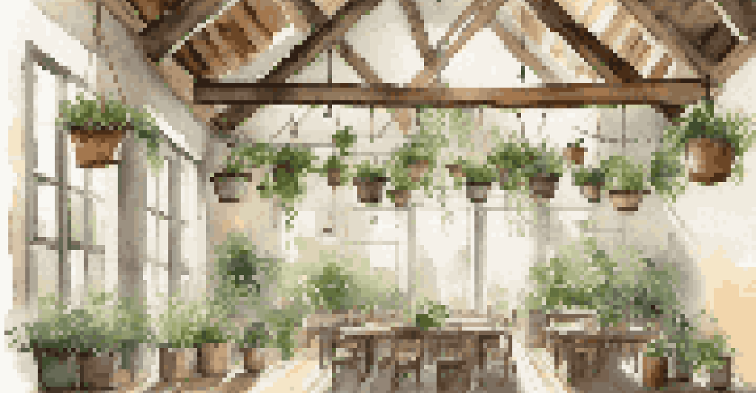 A rustic ceiling with reclaimed wood beams and hanging plants, creating a serene environment.