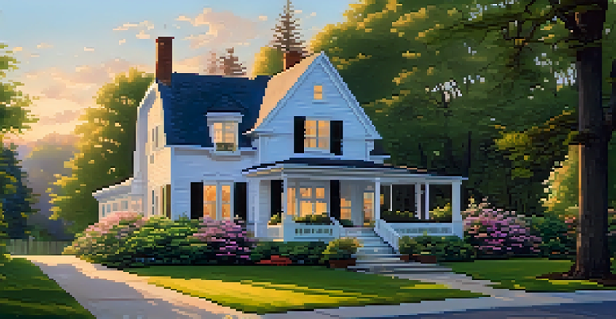 A picturesque single-family home with green trees and blooming flowers in a sunset glow.