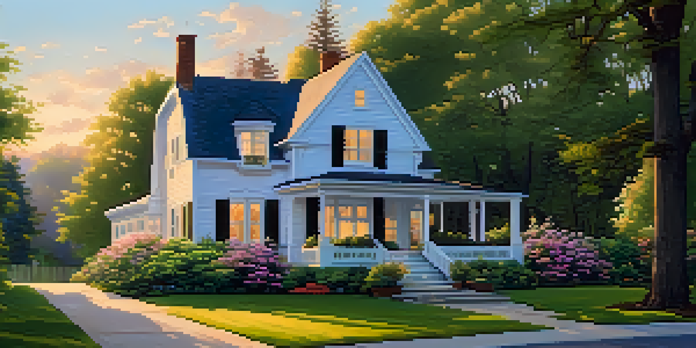 A picturesque single-family home with green trees and blooming flowers in a sunset glow.