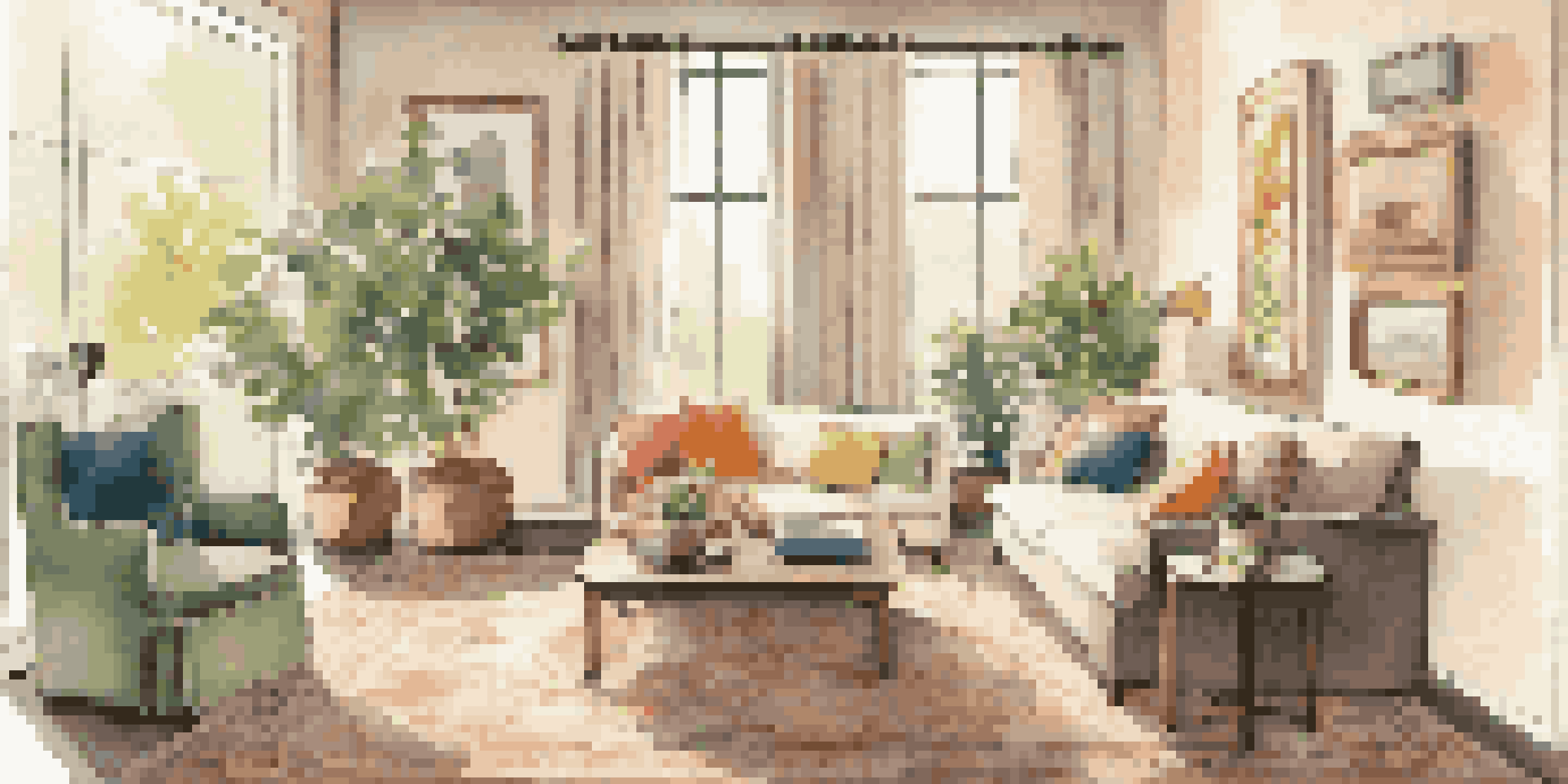 A cozy living room with warm lighting, neutral furniture, and large windows allowing natural light in.