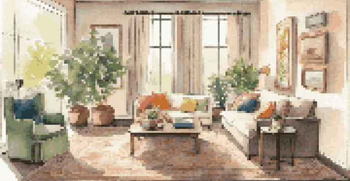 A cozy living room with warm lighting, neutral furniture, and large windows allowing natural light in.