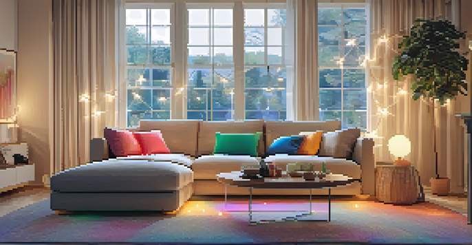 A warm and inviting living room with LED lights, a plush sofa, decorative floor lamp, and twinkling string lights.