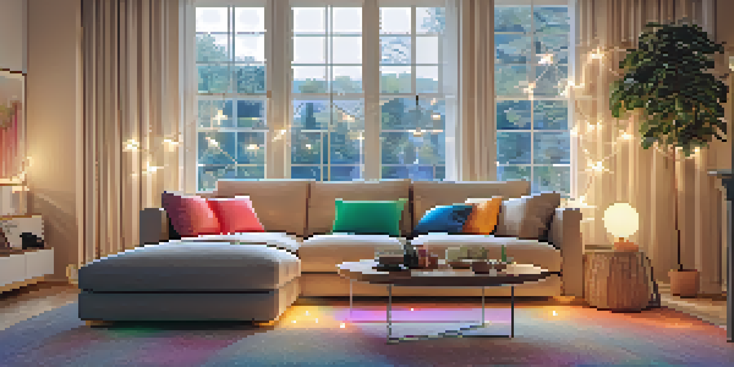 A warm and inviting living room with LED lights, a plush sofa, decorative floor lamp, and twinkling string lights.