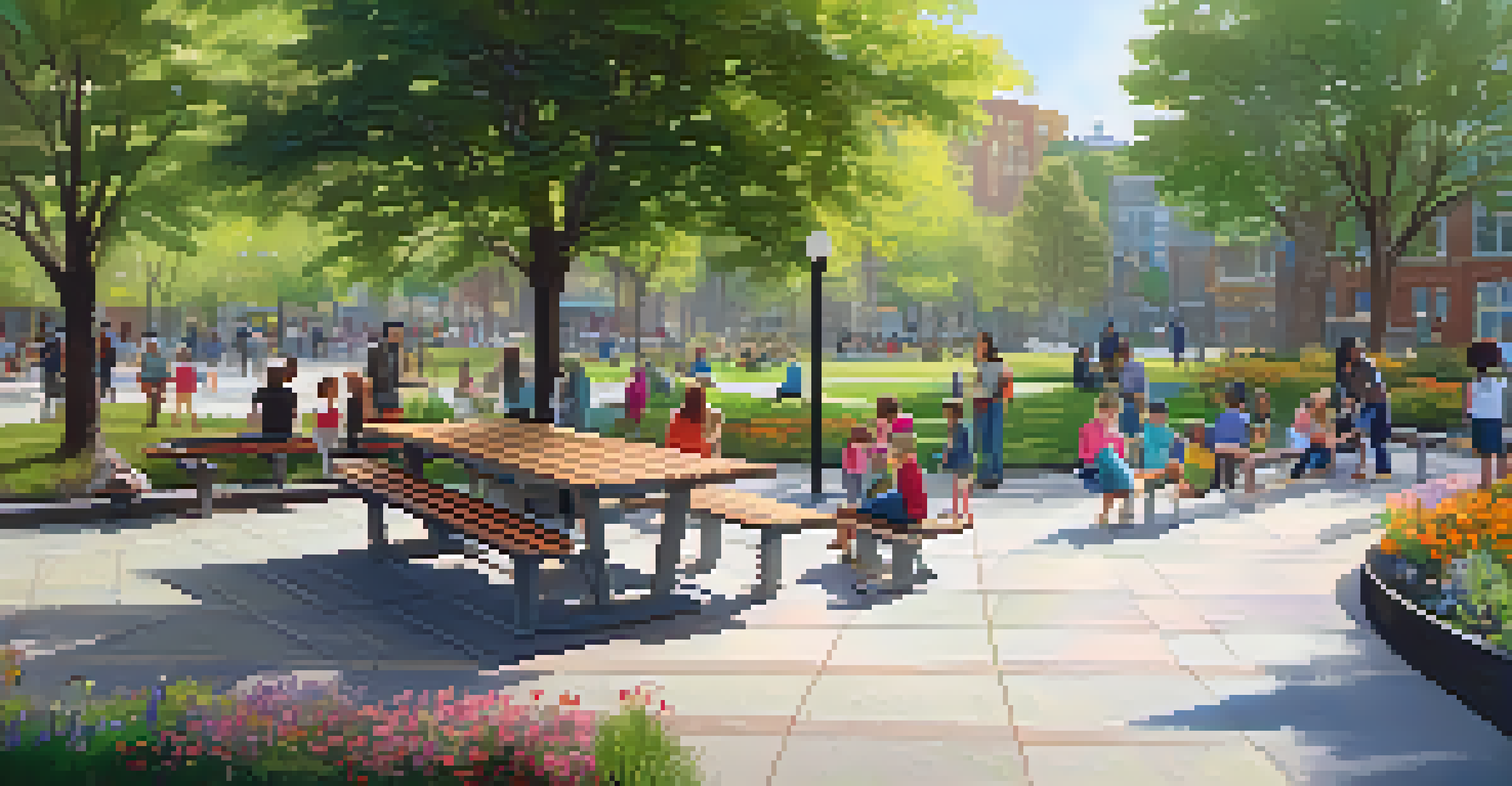 An urban park with permeable pavements and diverse people enjoying the space, featuring trees, benches, and a rain garden.