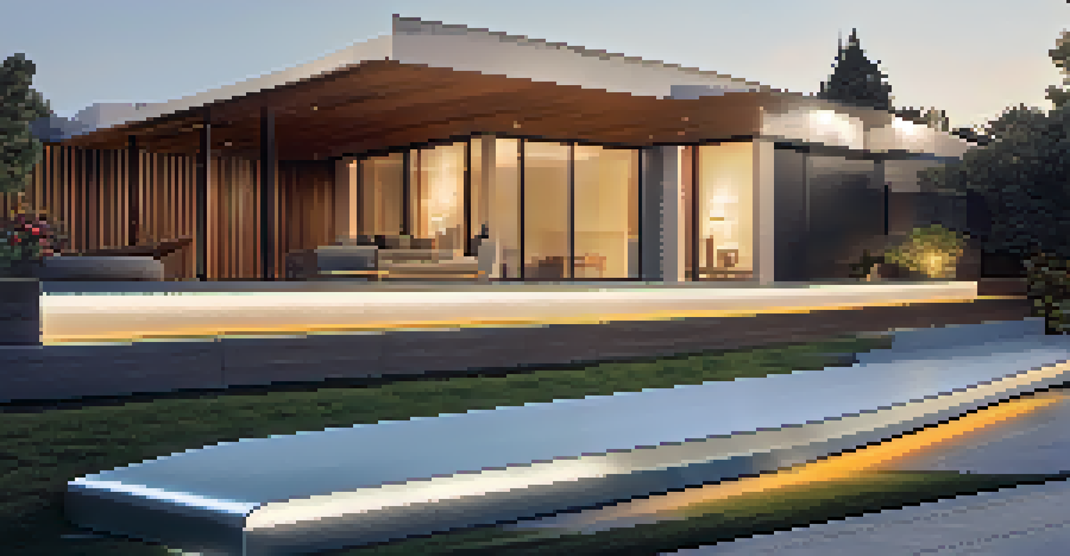 An aluminum ramp next to a modern house, illuminated by soft evening lights.