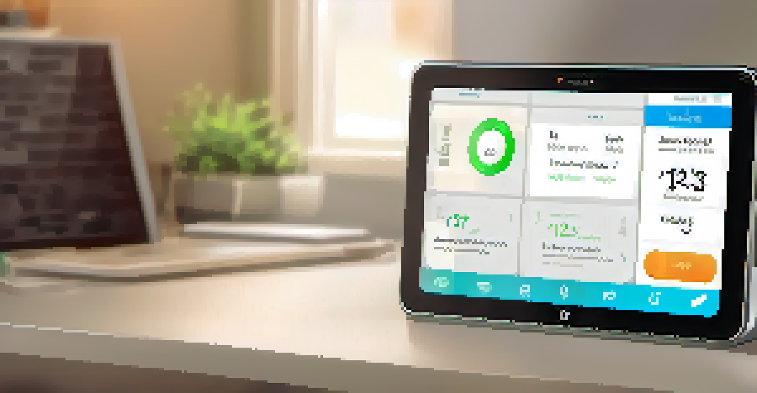 A smartphone app displaying a smart hub interface with options for controlling lights, thermostat, and security alerts on a stylish desk.