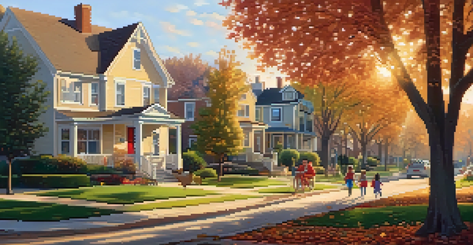A peaceful suburban neighborhood with houses, autumn trees, and children playing, illuminated by warm golden hour light.
