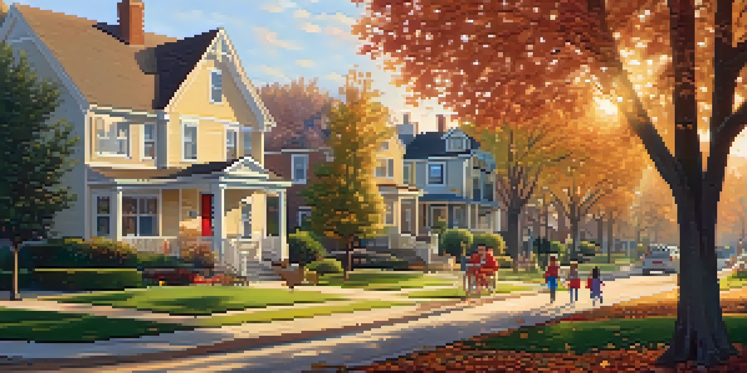 A peaceful suburban neighborhood with houses, autumn trees, and children playing, illuminated by warm golden hour light.