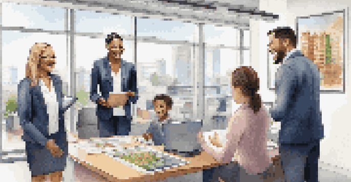 A real estate agent showing a property listing on a tablet to a diverse family in a bright office.