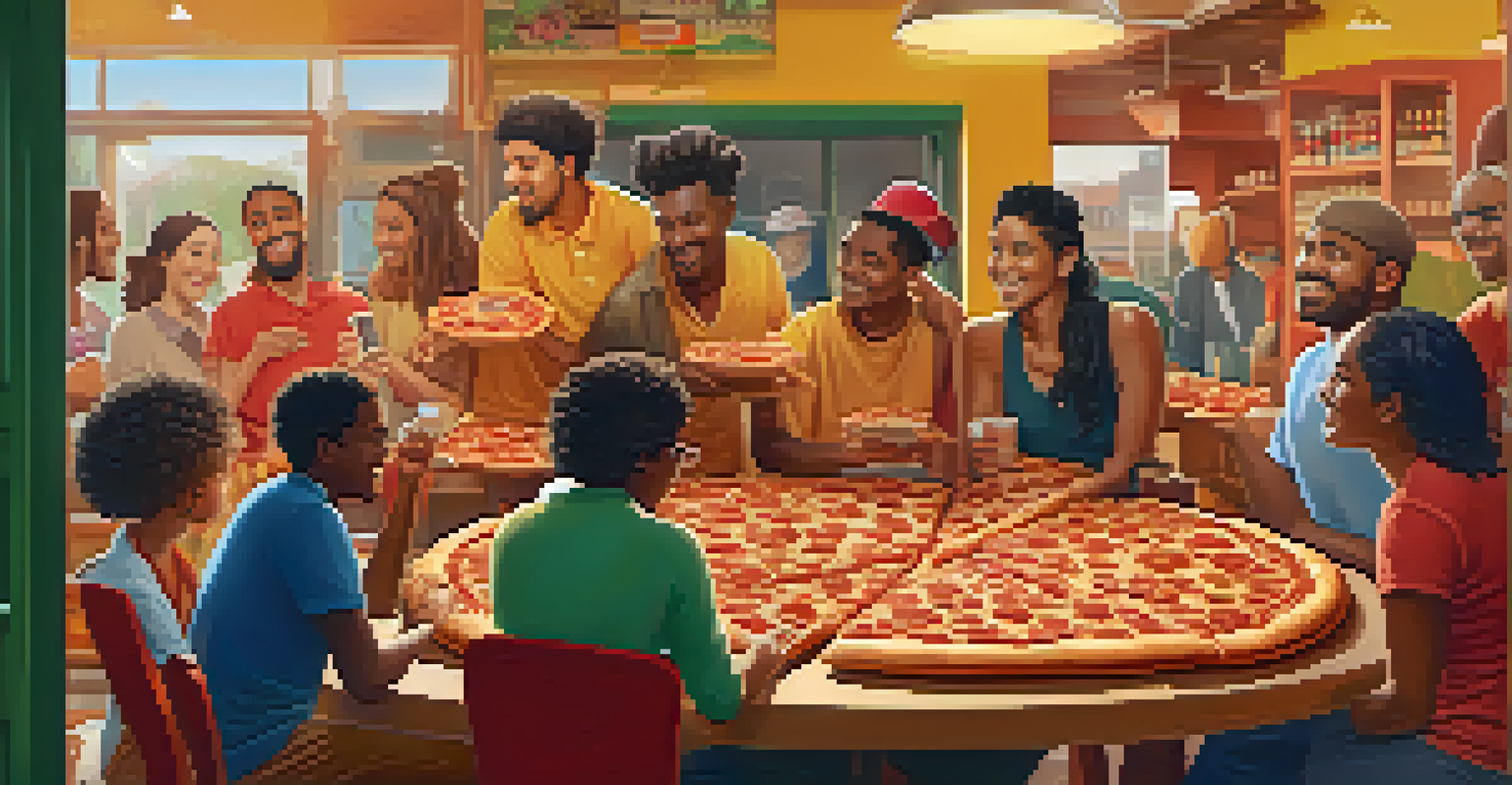 A diverse group of people sharing a large pizza in a cozy dining space, representing the concept of crowdfunding.