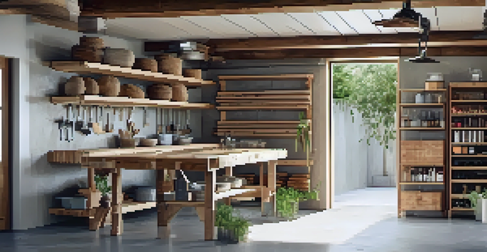 A well-organized garage with bamboo shelving, reclaimed wood workbench, and polished concrete flooring, illuminated by soft natural light.