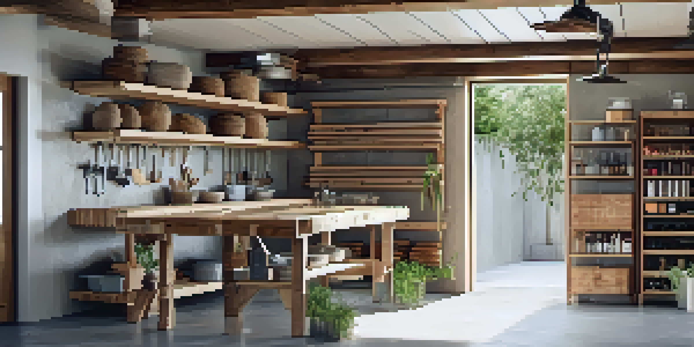 A well-organized garage with bamboo shelving, reclaimed wood workbench, and polished concrete flooring, illuminated by soft natural light.