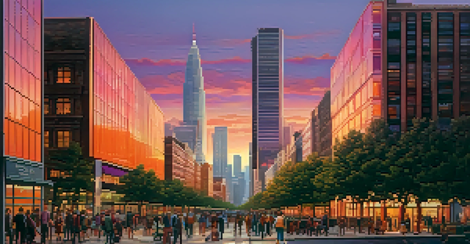 A sunset view of a modern city skyline with glass skyscrapers and traditional buildings, and a bustling street in the foreground.