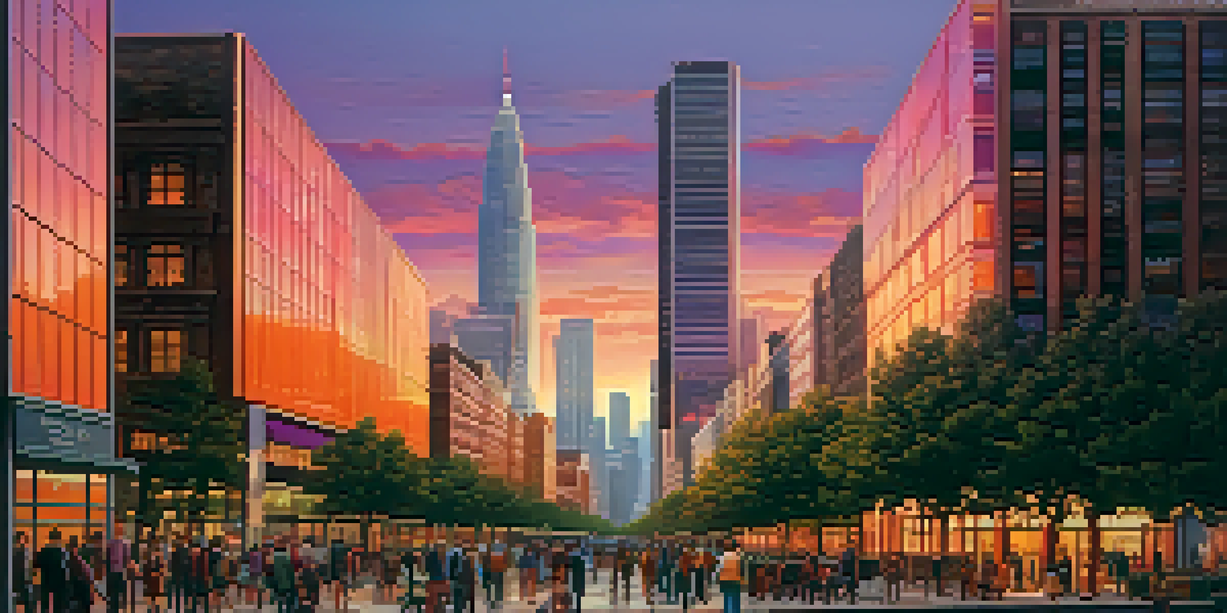 A sunset view of a modern city skyline with glass skyscrapers and traditional buildings, and a bustling street in the foreground.