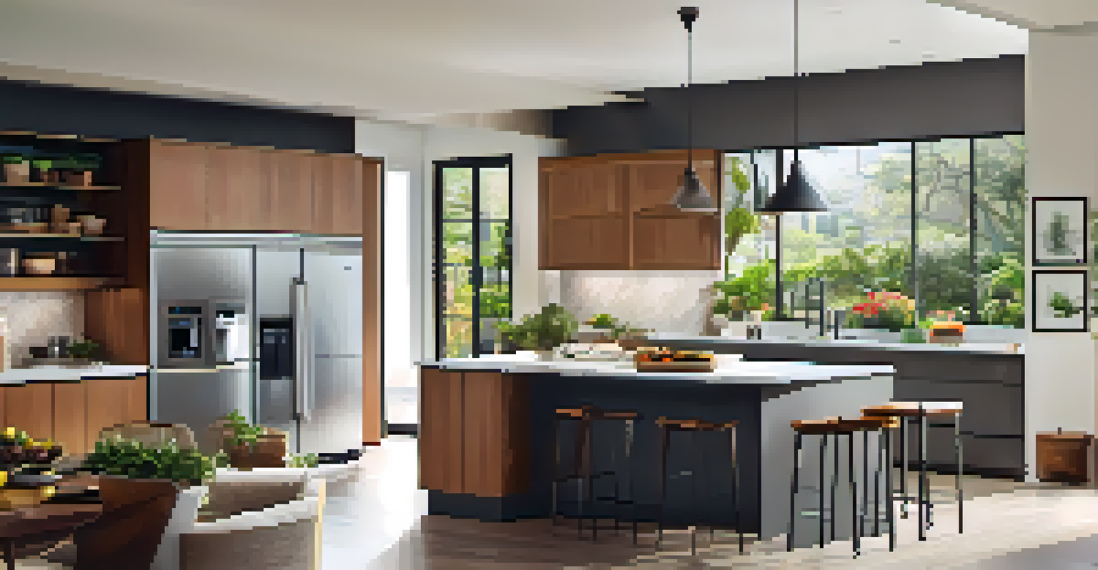 An inviting kitchen featuring smart appliances like a refrigerator and coffee maker, bright and airy with modern design elements.