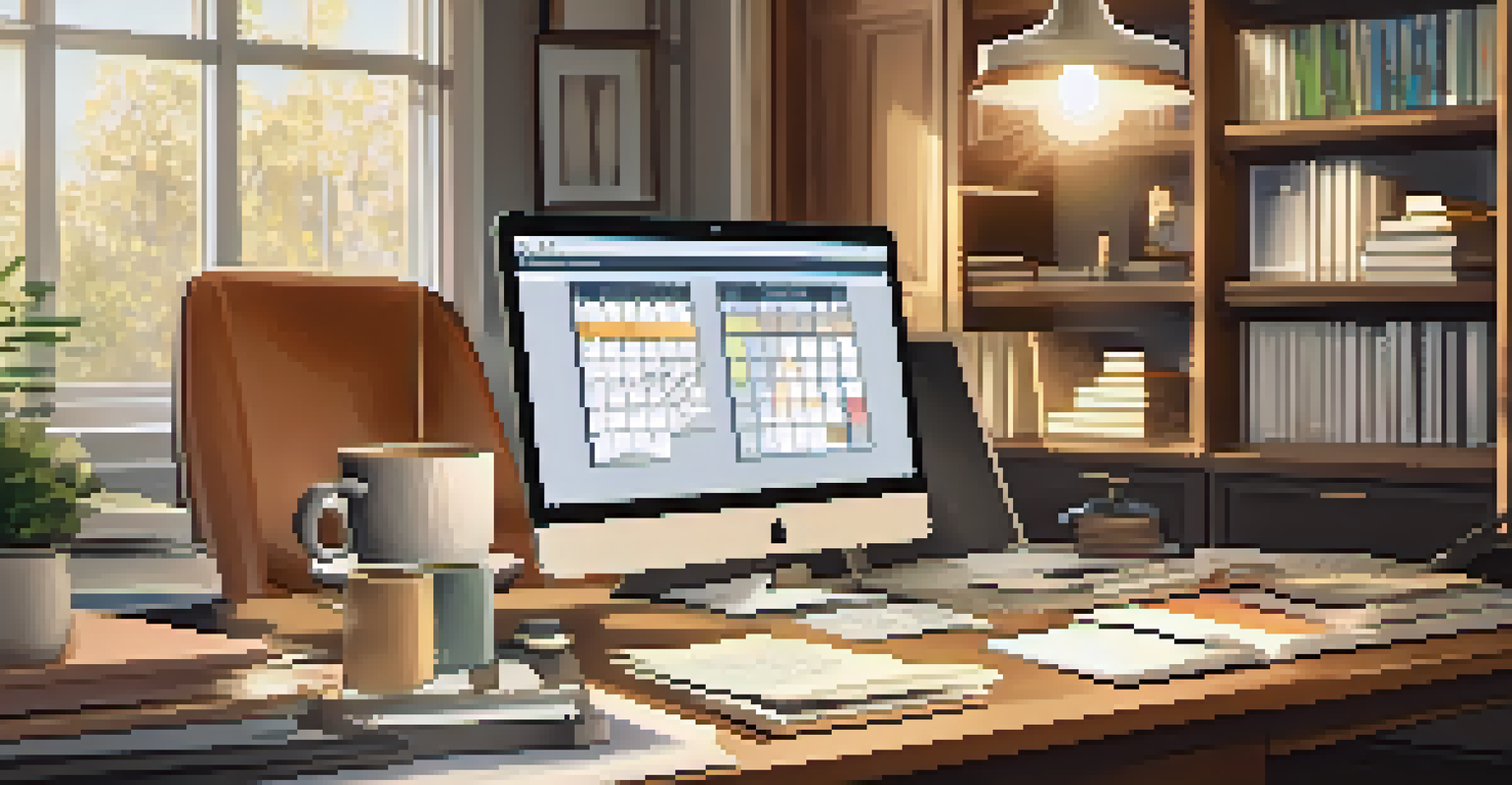 An organized desk in a home office with paperwork, a coffee cup, and a bookshelf in the background.