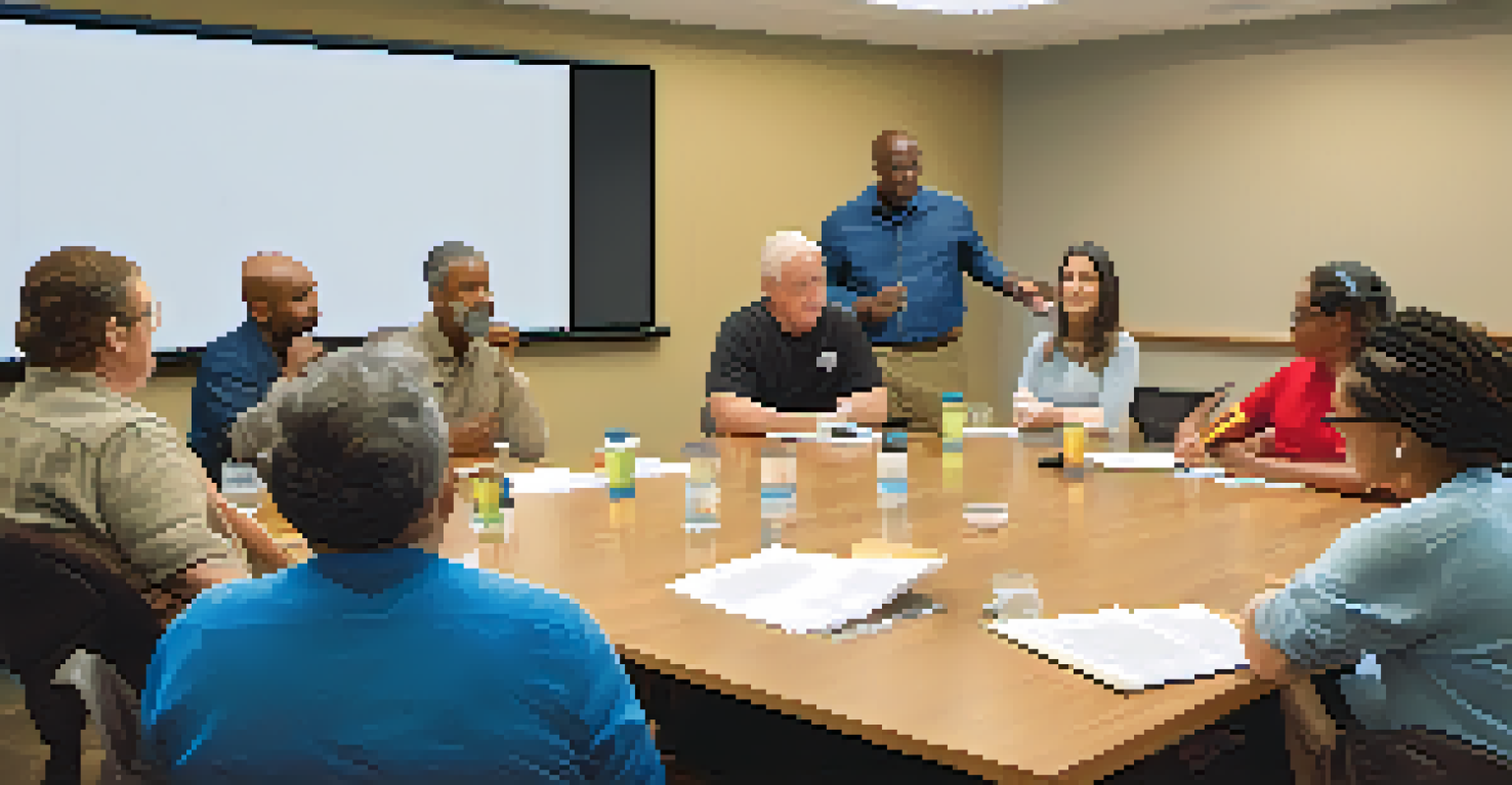 A diverse group of homeowners participating in an HOA meeting, discussing community guidelines with a projector displaying information.
