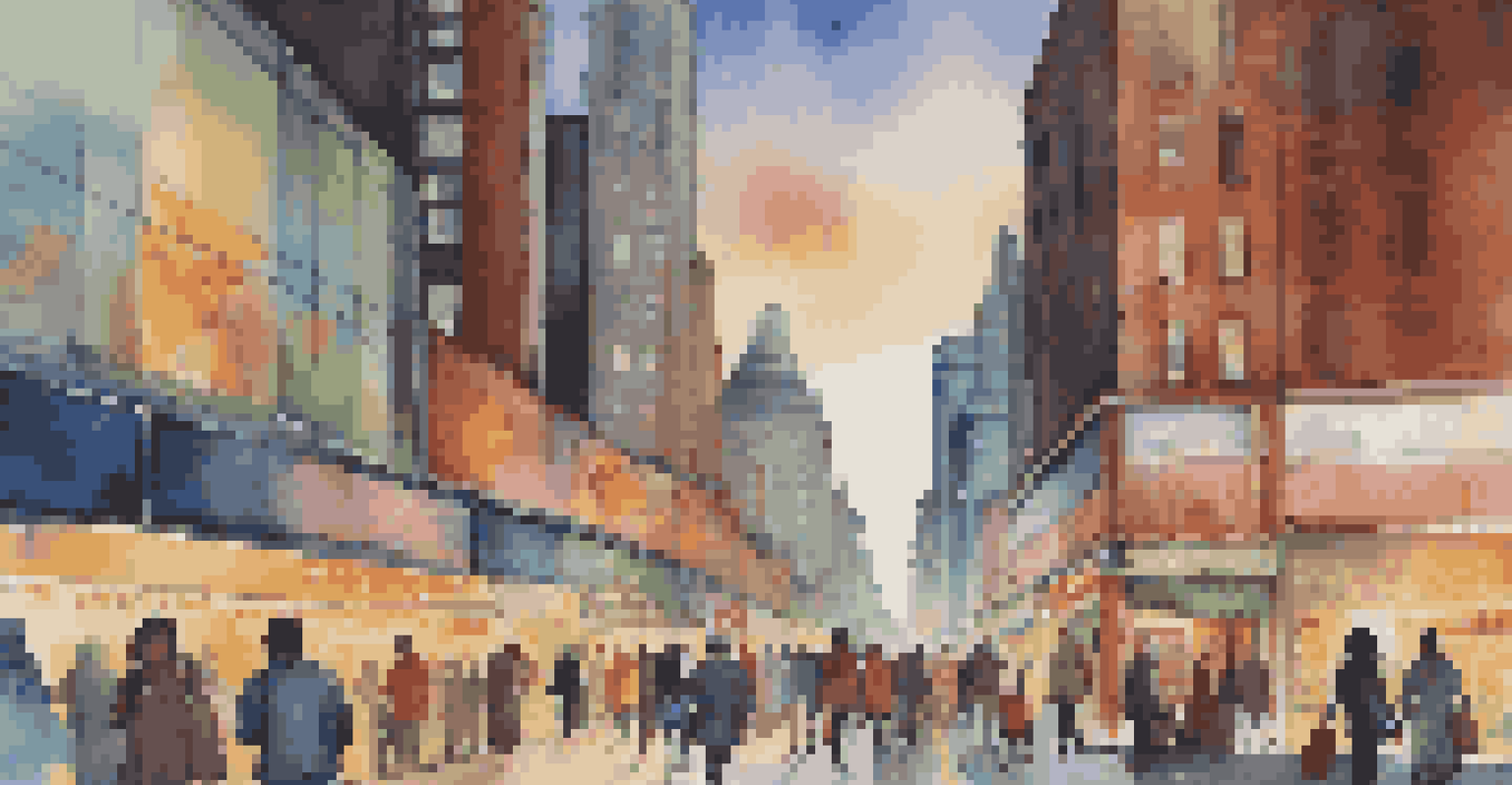 A lively cityscape with modern buildings, busy streets, and diverse people walking in an urban setting at dusk.