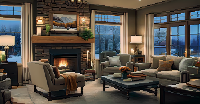 A cozy living room with a fireplace, plush sofas, and a snowy landscape visible through large windows.