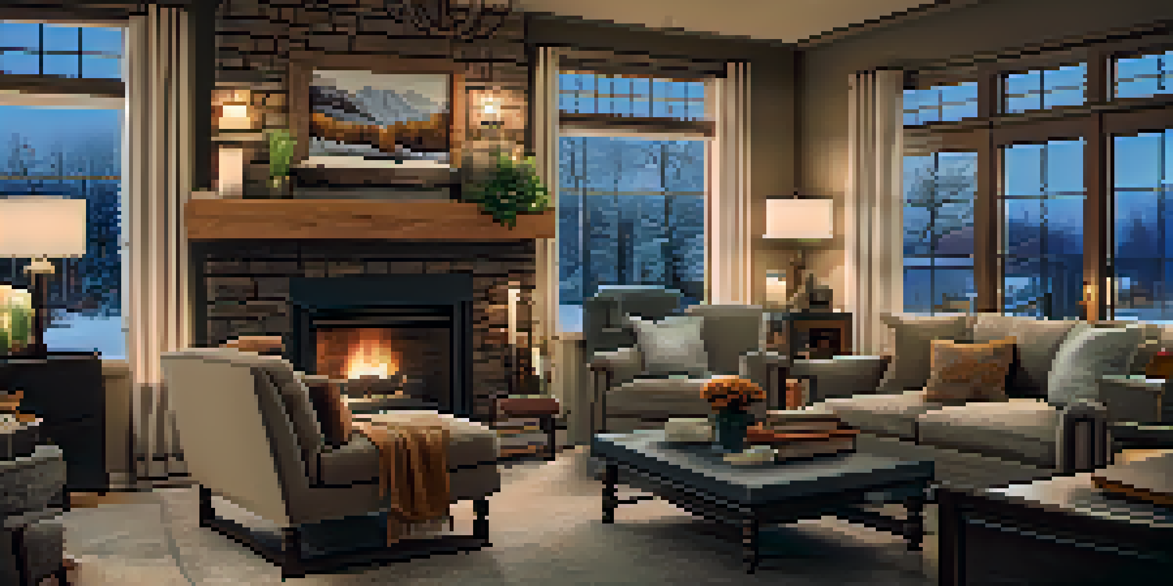 A cozy living room with a fireplace, plush sofas, and a snowy landscape visible through large windows.
