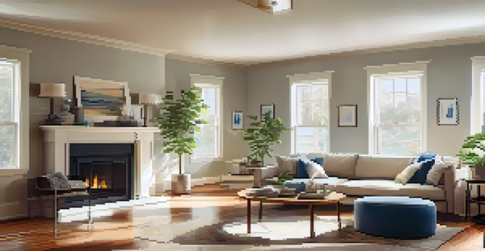 A cozy living room undergoing renovation, featuring wooden floors, bright light from windows, and renovation tools on a table.