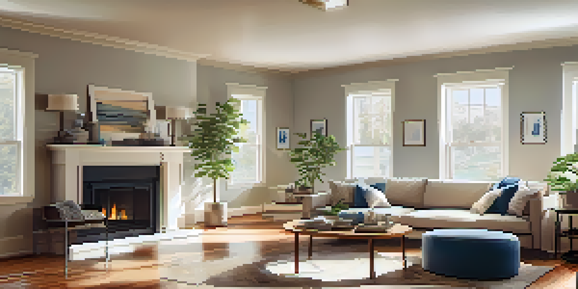 A cozy living room undergoing renovation, featuring wooden floors, bright light from windows, and renovation tools on a table.