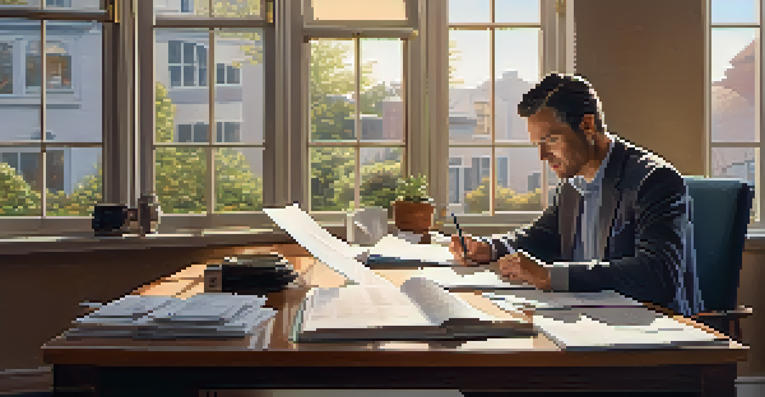 A landlord reviewing rental property insurance documents at a desk with a laptop and a cup of coffee.