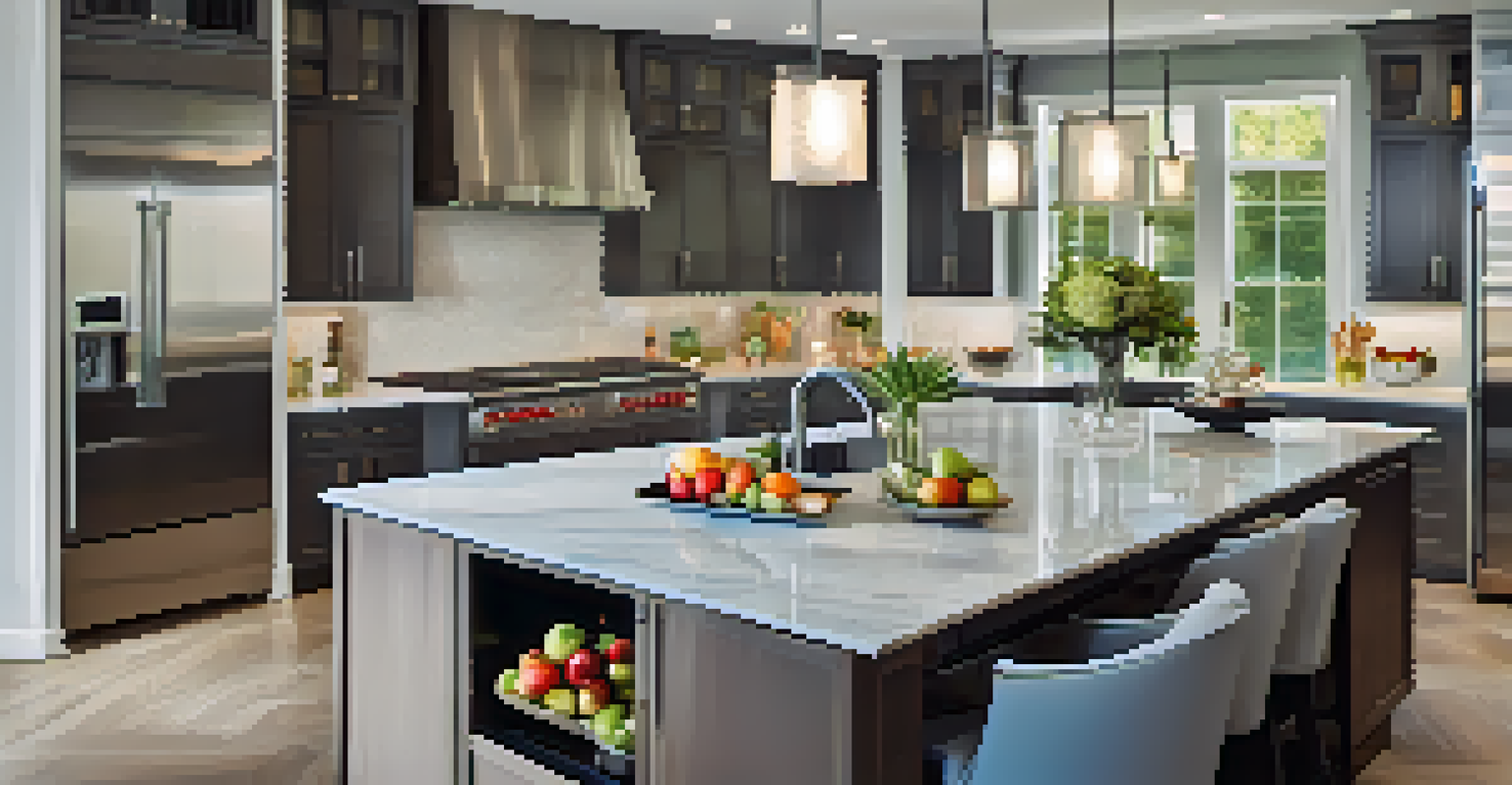 A modern gourmet kitchen with stainless steel appliances and marble countertops.