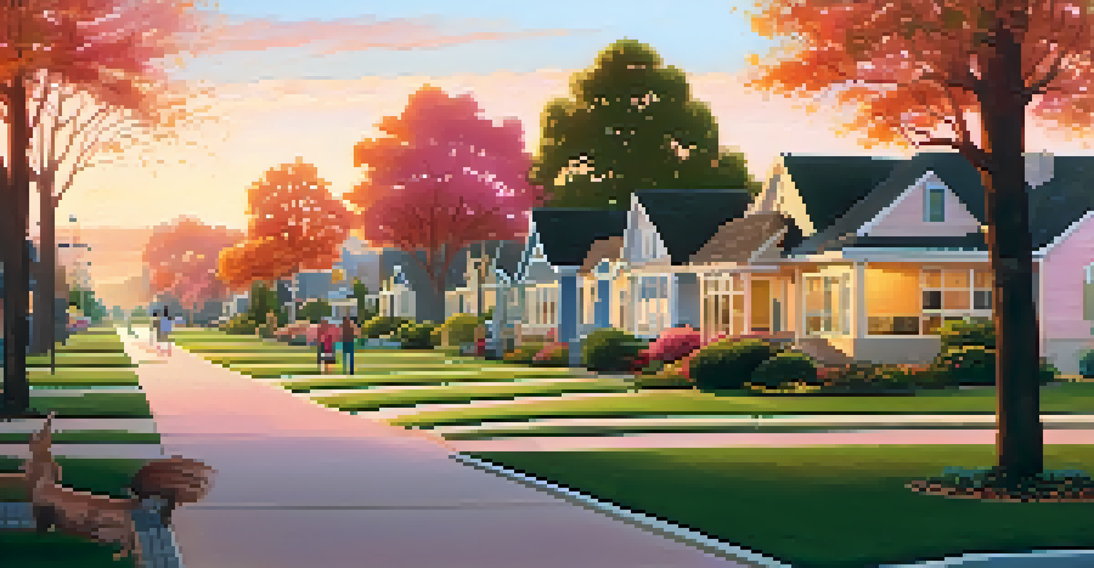 A picturesque suburban neighborhood with single-story homes and a family walking a dog during sunset.