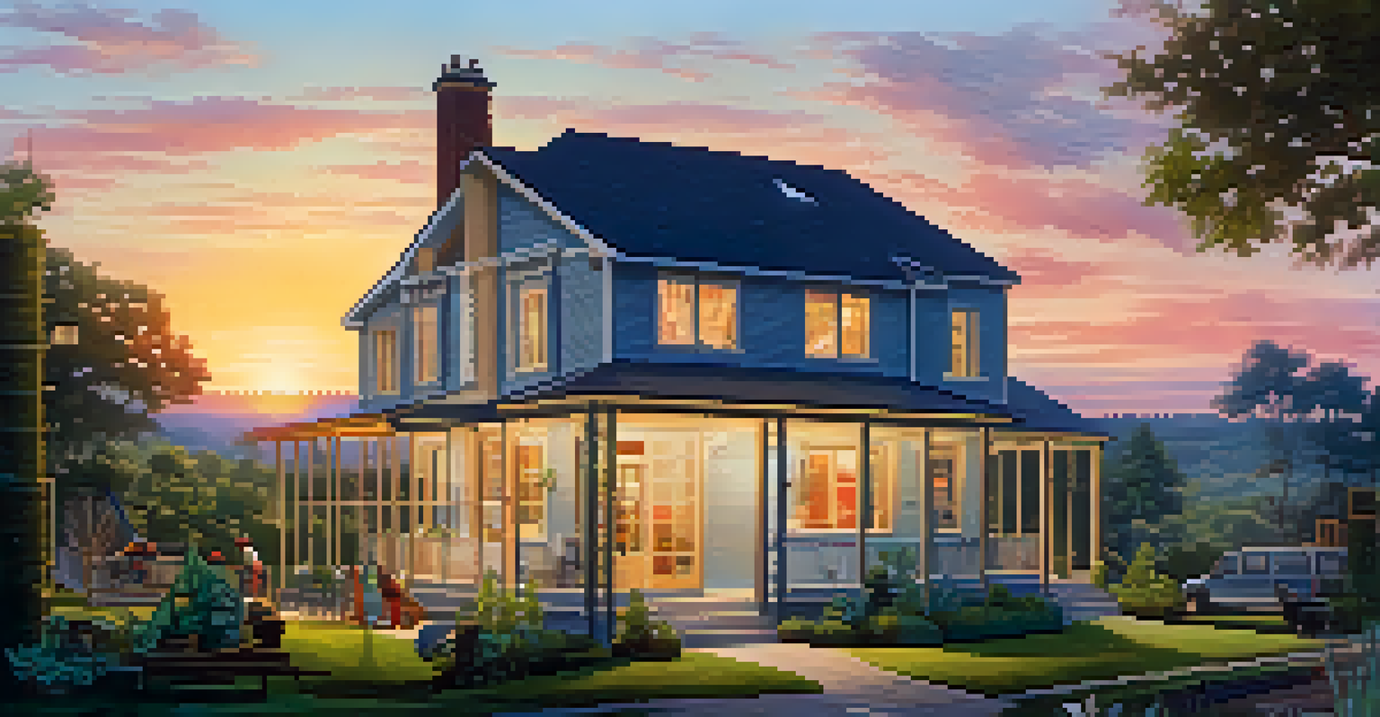 A picturesque house undergoing renovation at sunset, surrounded by greenery and construction workers.