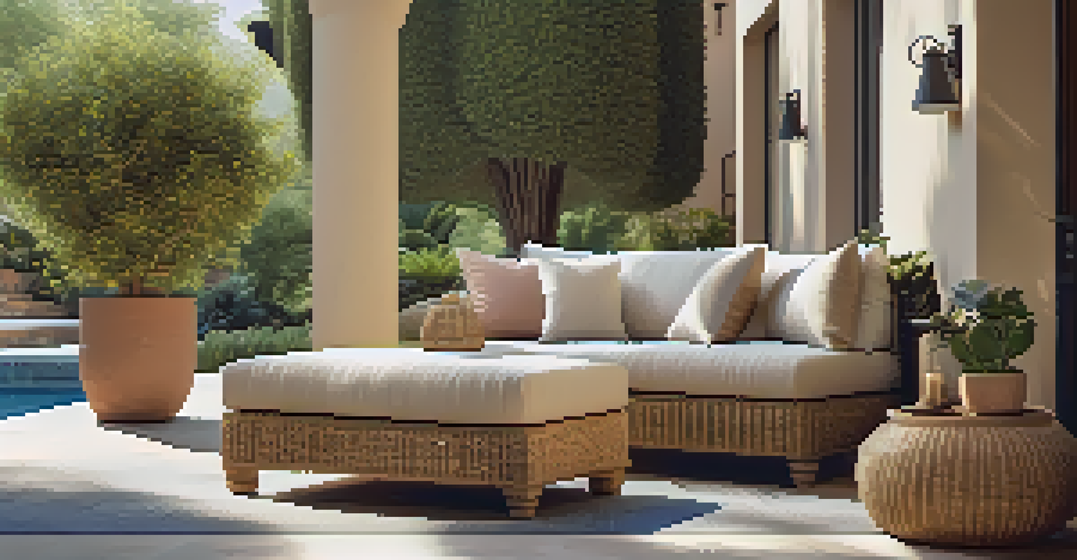 An outdoor lounge area with a wicker sofa under a tree, bathed in sunlight, with neutral tones and colorful plants.