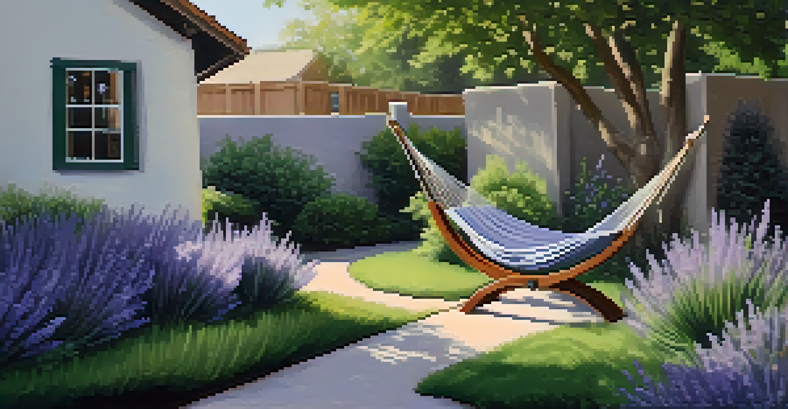 A peaceful corner of a yard featuring a hammock between two trees, lavender plants, and a small fountain, creating a serene atmosphere.