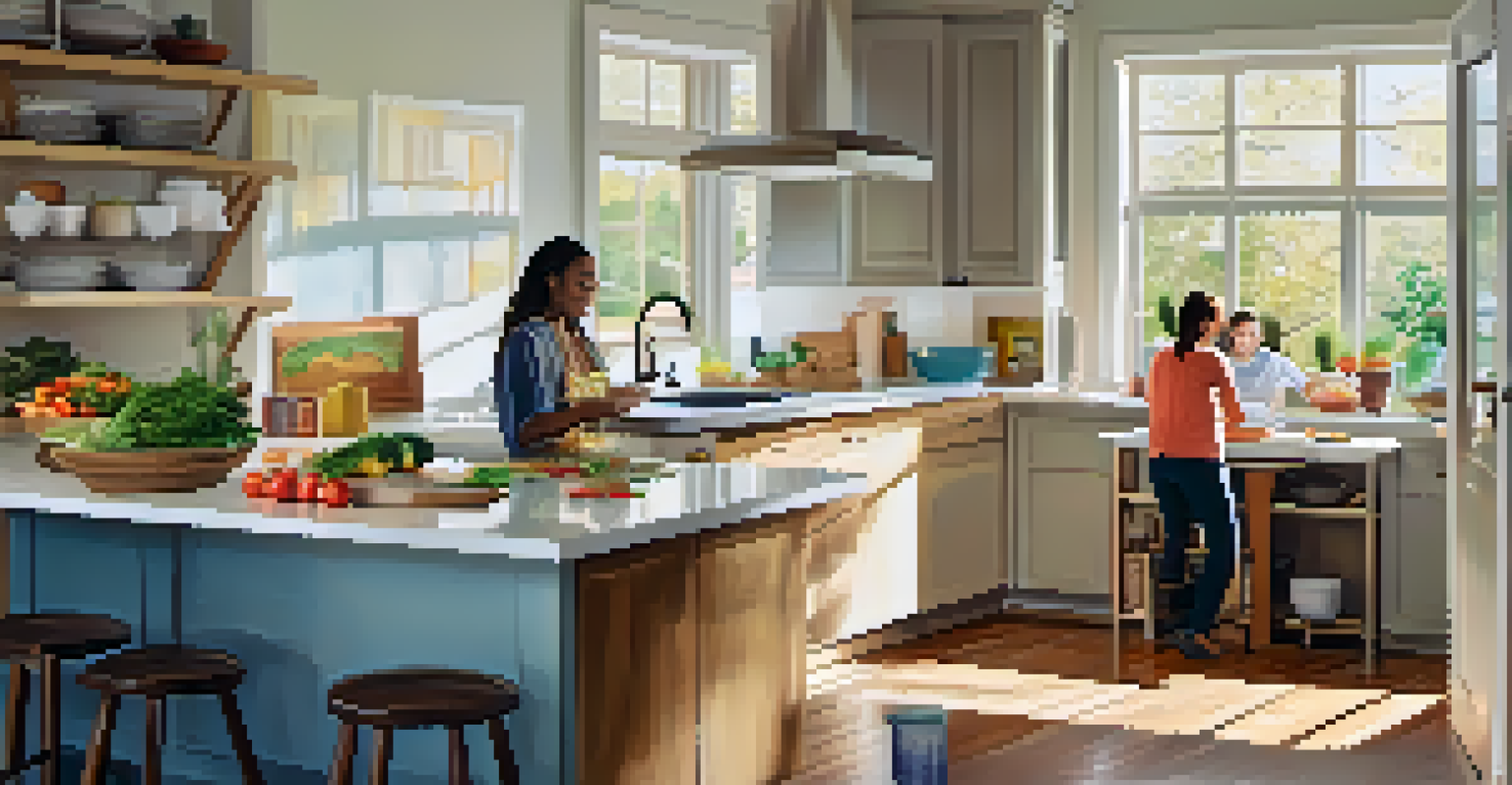 A family cooking together in a bright and modern kitchen, with colorful vegetables on the counter and sunlight filtering through a window.